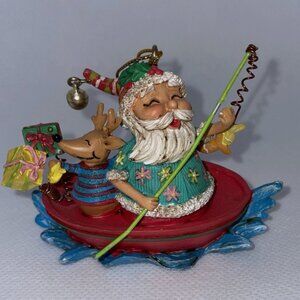 Vintage Beachy Fishing Santa Claus & Reindeer In a Boat Christmas Ornament